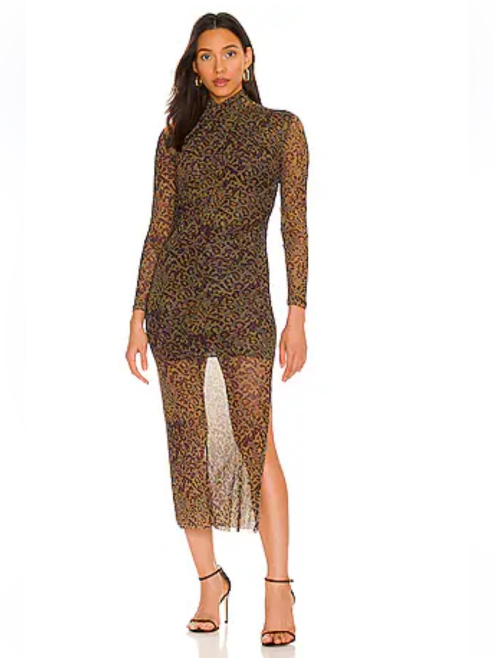 AllSaints Brown Leopard-Print Long Sleeve Mesh Midi Dress